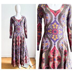 Vintage Psychedelic Print Muted Colours Long Sleeve A line Maxi Dress S